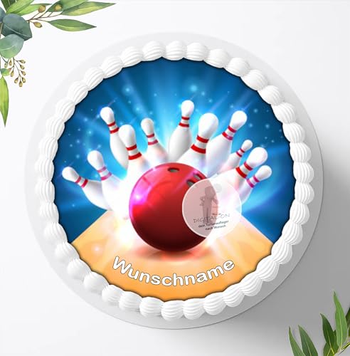 Für den Geburtstag ein Tortenbild, Zuckerbild mit dem Motiv: Bowling mit Wunschname, Essbares Foto für Torten, Fondant, Tortenaufleger Ø 20cm, 0415w von Digital-on