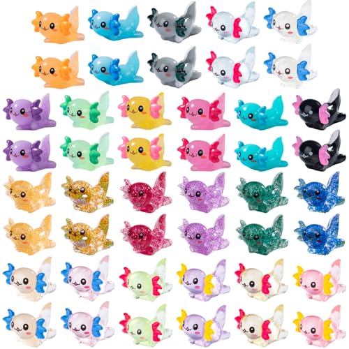 46-teiliges Mini-Harz-Axolotl-Set, bezauberndes leuchtendes, wasserdichtes kleines Axolotl-Spielzeug, 3 Stile, niedliche Miniatur-Axolotl-Charms für Bastelarbeiten, Feengarten, Puppenhaus-Dekor von DiiWmme