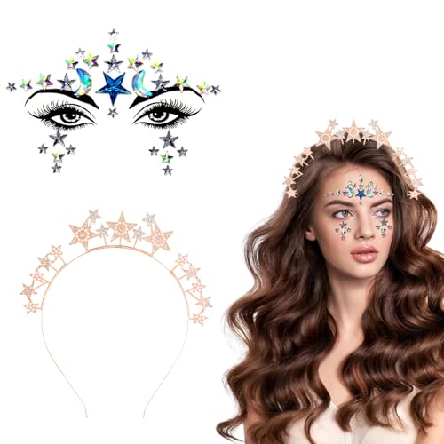 DiiWmme Haarreif Sterne Glitzer Damen, Fünfzackiger Stern mit Perlen und Strasssteinen, Strass Haarband mit Funkelnden Sternen Gesichtstattoo für Party, Festival, Geburtstag (Roségold, One Size) von DiiWmme