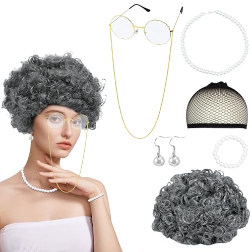 DiiWmme Kostüm alte Dame, 7-teiliges Oma-Kostüm, graue Perücke mit Brille und Kette, Imitationsperlenhalskette, Ohrringe, Armband, für Halloween, Weltbuchtag, Karneval DiiWmme Kostüm alte Dame, 7-teiliges Oma-Kostüm, graue Perücke mit Brille und Kette, Imitationsperlenhalskette, Ohrringe, Armband, für Halloween, Weltbuchtag, Karneval von DiiWmme
