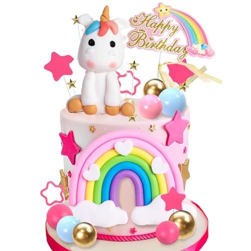 Einhorn-Geburtstagskuchendekorationen, Regenbogen-Partyzubehör mit Schaumstoffkugeln, Sternen und Kuchenspießen für Kinderfeier, Baby-Party, 29 Stück von DiiWmme