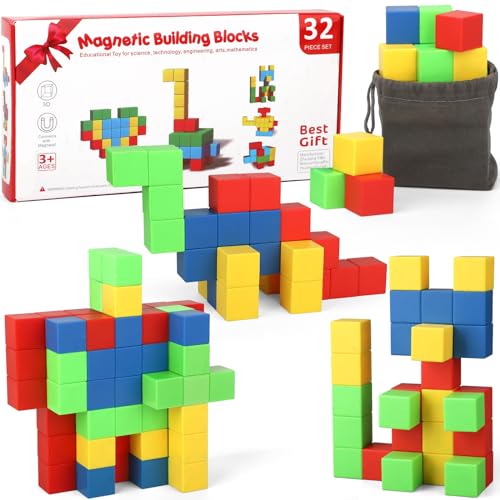 Dilabnda 32 Teiliges Magnetbaustein Montessori Spielzeug für Kinder ab 3 Jahren, STEM Lern Kreativitäts Magnet Bauset, Magnet Puzzle Würfel für Zuhause Vorschule Kindergarten (2,5 cm) von Dilabnda