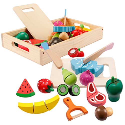 Dilpeak Spielküche Zubehör, Kinderküche Zubehör Holz, Küche Kinder Holzspielzeug, Obst Gemüse und Fleisch Kochsimulation Lernspielzeug für 3+ Jährige Jungen und Mädchen von Dilpeak