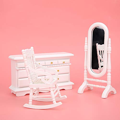 Dilwe 1:12 PUPPENHAUS-MINI-MÖBELSET, Weiß Doppelbett aus Holz, Langer Spiegel, Nachttisch, Stuhlschnank, Puppenhaus-Zubehörset Für und Mädchen (6er-Set-Set (6 Sätze) von Dilwe
