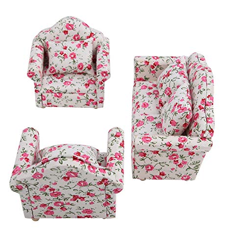 Dilwe Puppenhaus Sofa, 1/12 Skala Puppenhaus Zubehör Blumenmuster Mini Möbel Sofa Set mit Rückenkissen(#2) von Dilwe