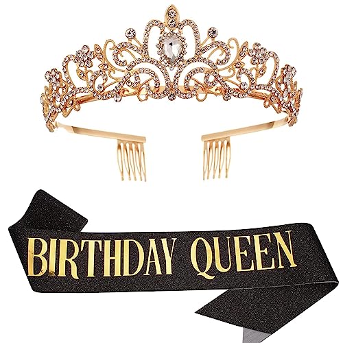 Geburtstag Königin Schärpe & Strass Tiara Kit - 21. 30. 40. 50. 60. Geburtstag Geschenke Geburtstag Schärpe für Frauen Geburtstag Party Supplies (Black) von Dimetey