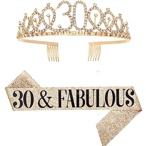Geburtstag Königin Schärpe & Strass Tiara Kit - 21. 30. 40. 50. 60. Geburtstag Geschenke Geburtstag Schärpe für Frauen Geburtstag Party Supplies (Gold 30th) von Dimetey