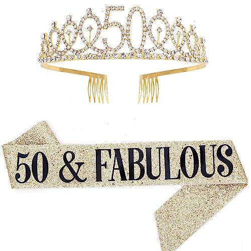 Geburtstag Königin Schärpe & Strass Tiara Kit - 21. 30. 40. 50. 60. Geburtstag Geschenke Geburtstag Schärpe für Frauen Geburtstag Party Supplies (Gold 50th) von Dimetey