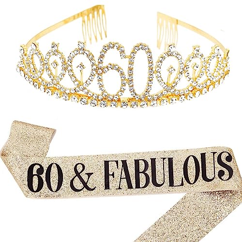 Geburtstag Königin Schärpe & Strass Tiara Kit - 21. 30. 40. 50. 60. Geburtstag Geschenke Geburtstag Schärpe für Frauen Geburtstag Party Supplies (Gold 60th) von Dimetey