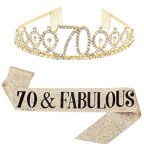 Geburtstag Königin Schärpe & Strass Tiara Kit - 21. 30. 40. 50. 60. Geburtstag Geschenke Geburtstag Schärpe für Frauen Geburtstag Party Supplies (Gold 70th) von Dimetey