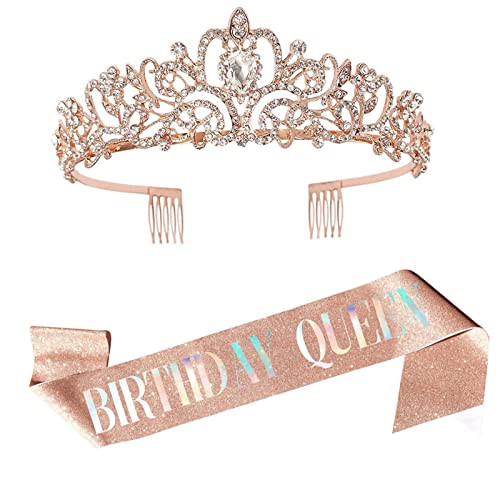 Geburtstag Königin Schärpe & Strass Tiara Kit - 21. 30. 40. 50. 60. Geburtstag Geschenke Geburtstag Schärpe für Frauen Geburtstag Party Supplies (Rose Gold) von Dimetey