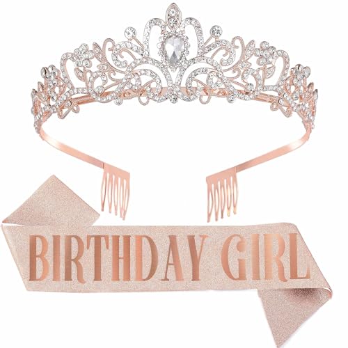Geburtstag Mädchen Schärpe & Strass Tiara Sets, Geburtstag Schärpe und Tiara Stirnband für Mädchen Frauen Geburtstag Dekoration (Roségold) von Dimetey