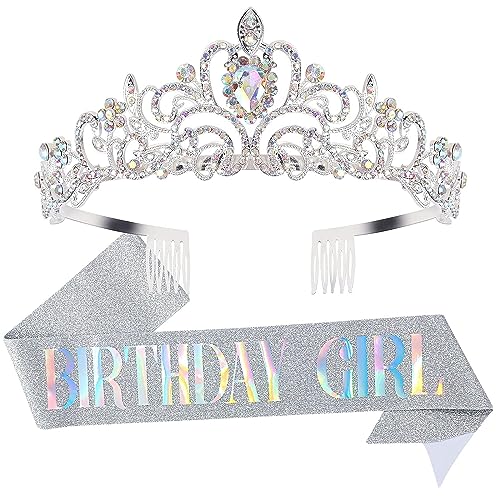 Geburtstag Mädchen Schärpe & Strass Tiara Sets, Geburtstag Schärpe und Tiara Stirnband für Mädchen Frauen Geburtstag Dekoration (Silber) von Dimetey