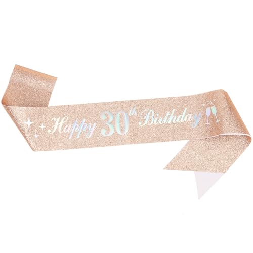 Geburtstagsdekorationsschärpe für Frauen, Roségold, 85,1 cm lang mit weißen "Happy Birthday"-Buchstaben für sie (Roségold zum 30. Geburtstag) von Dimetey