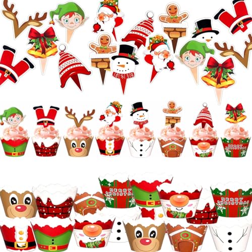 Dimoxii 96 Stück Weihnachten Cupcake Deko Set, Muffin Topper & Wrapper mit Weihnachtsmotiven, Cupcake Topper Weihnachten Muffin Deko Papier Förmchen Weihnachtsdeko für Kinder Party Backen von Dimoxii