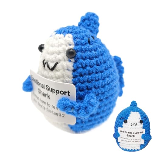 Emotionaler Hai – Hai aus positivem Strick, handgemachtes Hai-Spielzeug, gestricktes Hai-Plüschtier | Lustiges handgefertigtes Shark, mit inspirierender Karte, weiche Tiere, Spielzeug für Freunde von Dinchaakuarry