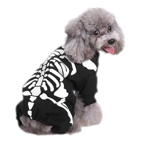 Hundekleidung Skelett - Halloween-Katze mit Knochen-Kapuze, gespenstisches Skelett Tierkostüm | Glänzender Kapuzensprung mit bedruckten Knochen, Halloween-Welpe p von Dinchaakuarry