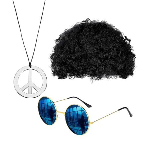 Dinghaole 3 Stücke Hippie Kostüm Set, Hippie Kostüm Set Hippie Accessoires mit Jahre Retro Vintage Brille, Hippie Accessoires, Afro Perücke, für 60er 70er 80er Party Verkleiden Zubehörset Dinghaole 3 Stücke Hippie Kostüm Set, Hippie Kostüm Set Hippie Accessoires mit Jahre Retro Vintage Brille, Hippie Accessoires, Afro Perücke, für 60er 70er 80er Party Verkleiden Zubehörset von Dinghaole