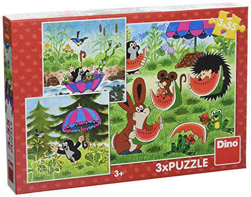 Dino Toys (DINR7) 335264 Dino-Puzzle Der kleine Maulwurf und der Regenschirm, 3 x 55 Teile, Mehrfarbig von Dino Toys (DINR7)
