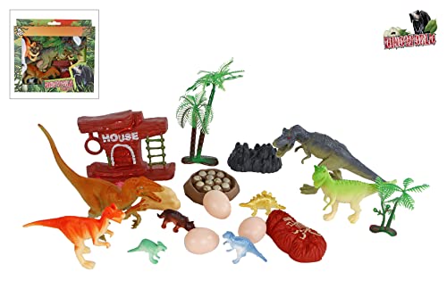 Dinoworld Spielset (Dinofiguren und Zubehör, Dino Spielset 19tlg, mit Figuren, Bäumen, Steinen, Dinoeiern) 570402 von Dinoworld