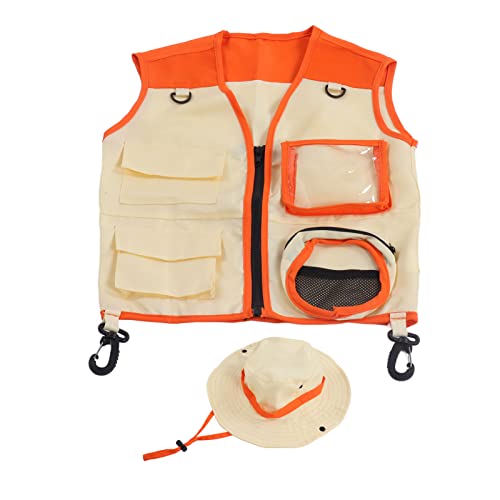 Dioche Kids Outdoor Adventure Vest & Hat Set für Exploration & Cosplay-Waschbar, Weiches und Hautfreundliches Kostüm für Camping & Reisen-Grün, Passt 39.4-55.1in (ORANGE) von Dioche