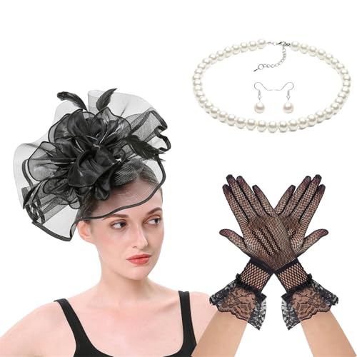Diogeynu 1920er Jahre Cosplay-Kostüm-Zubehör für Damen, Halloween-Kostüm mit gefiedertem Schleier, Kopfbedeckung, Halskette, Ohrringe, Handschuhe, Anlass, Handschuhe und Kopfbedeckung von Diogeynu