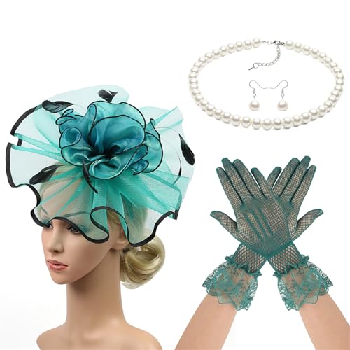 Diogeynu 1920er Jahre Cosplay-Kostüm-Zubehör für Damen, Halloween-Kostüm mit gefiedertem Schleier, Kopfbedeckung, Halskette, Ohrringe, Handschuhe, Anlass, Handschuhe und Kopfbedeckung von Diogeynu