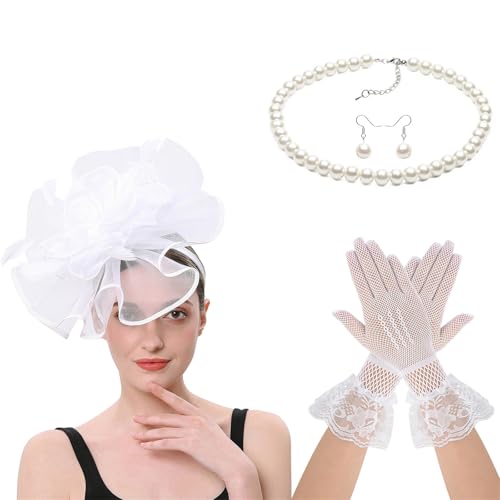 Diogeynu 1920er Jahre Cosplay-Kostüm-Zubehör für Damen, Halloween-Kostüm mit gefiedertem Schleier, Kopfbedeckung, Halskette, Ohrringe, Handschuhe, Anlass, Handschuhe und Kopfbedeckung von Diogeynu