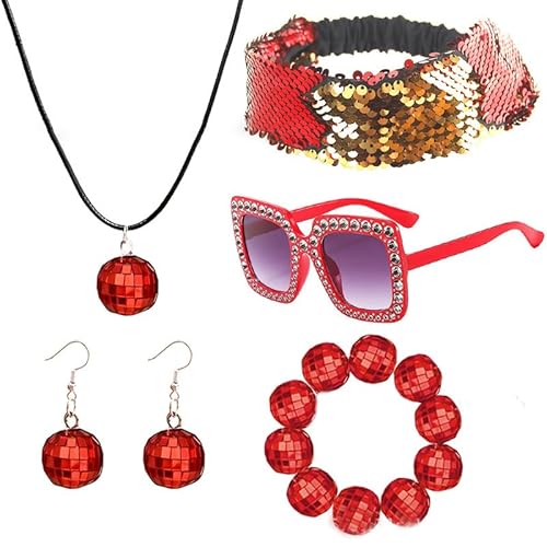 Diogeynu Discos-Kostüm-Outfits, 1960er-, 70er-, 80er-Jahre, Diskothekenzubehör, Stirnband, Ohrringe, Armbänder, Sonnenbrille für Halloween-Party von Diogeynu
