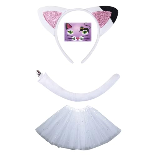 Diogeynu Katzenkostüm-Zubehör-Set, Katzenohren, Stirnbänder, Schwanz, Fliege, Tutus, Gesicht, Aufkleber, Zubehör-Kits, Katzenkostüme, Kinder von Diogeynu