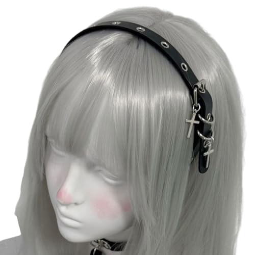 Diogeynu Retro Punk Kreuze Leder Stirnband für Frauen Cosplay PU 2000er dunkles Haarschmuck für Erwachsene Kopfbedeckung Haarschmuck von Diogeynu