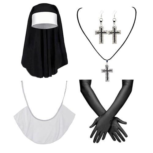 Diogeynu Rollenspiel-Nonnen-Outfit für Damen, mit Kopfbedeckung, Kreuz-Anhänger, Halskette, Halsband, Strumpf, Halloween, Nonne, Kostüm-Zubehör von Diogeynu