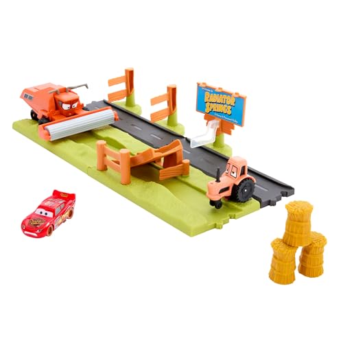 DISNEY Pixar Cars Trecker Erschrecker-Rennbahn Flucht vor Frank - Spielset mit 3 Autos und 2 Spielmöglichkeiten,und Stunt-Rennen, mühelos aufgebaut, für Kinder ab 3 Jahren, HRX48 von Mattel