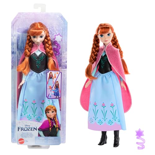 DISNEY Frozen Die Eiskönigin Anna Puppe - magischer Rock mit Farbwechseleffekt aktivierbar mit Schneeflockenzauberstab und Wasser, inklusive Haarbürste, für Kinder ab 3 Jahren, HTG24 von Mattel