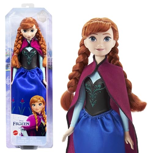 Disney Prinzessin Anna Puppe, Die Eiskönigin Puppe, kämmbare Haare, beweglich, im Reiseoutfit, abnehmbarer Umhang, Disney Geschenke, Spielzeug ab 3 Jahre, HLW49 von Mattel