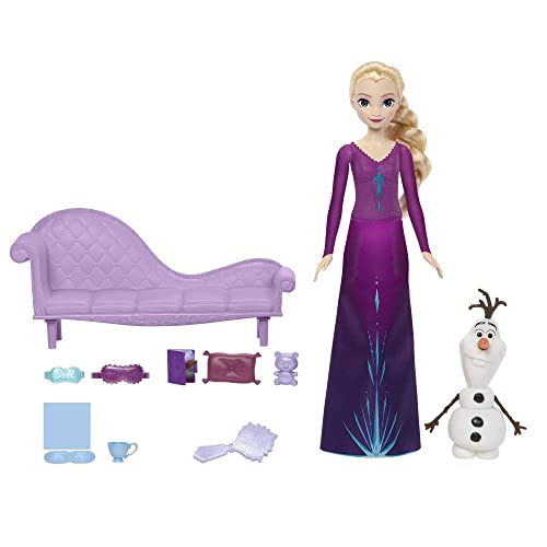 Disney FROZEN Schneeträume - Elsa und Olaf im 8-teiligen Schlafenszeit Set mit Frisierbürste, Loungesessel, Kissen, Teddybär, Buch und Schlafmasken, für Kinder ab 3 Jahren, HLX27 von Mattel