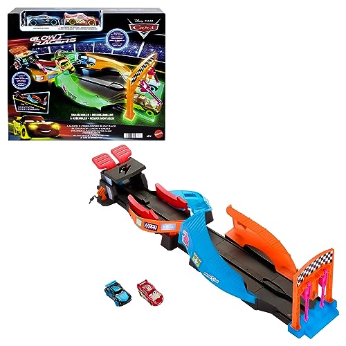 DISNEY Pixar Cars Spielset - 2 x Leuchtende Rennautos Starter und Überkreuz Neonrennstrecke, 2 Spielmöglichkeiten, Zielflagge, leuchtende Setteile, für Kinder ab 4 Jahren, HPD80 von Mattel