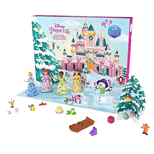 Mattel Disney Princess Adventskalender - 24 Türchen mit Geschenken rund um beliebte Filmfiguren wie Tiana, Cinderella und Belle, inklusive 4 kleinen Prinzessinnenpuppen, HLX06 von Disney Princess