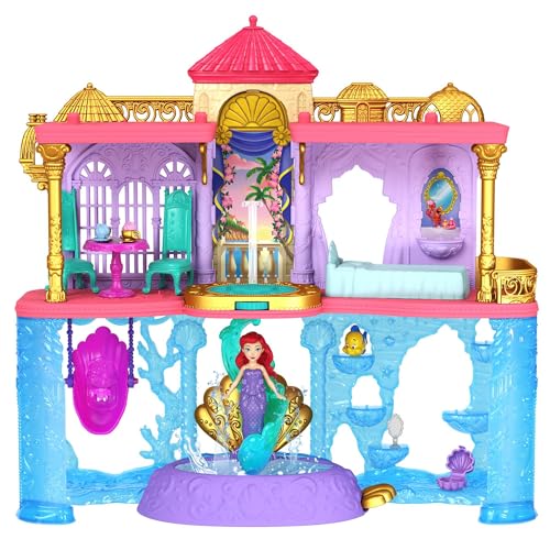 DISNEY Prinzessin Arielle - Land und Meeresschloss im Puppenhaus-Spielset, 31,1 cm hoch, 6 Spielbereiche, Fabius-Figur, Arielle-Puppe mit 2 Moden, stapelbar, für Kinder ab 3 Jahren, HLW95 von Mattel