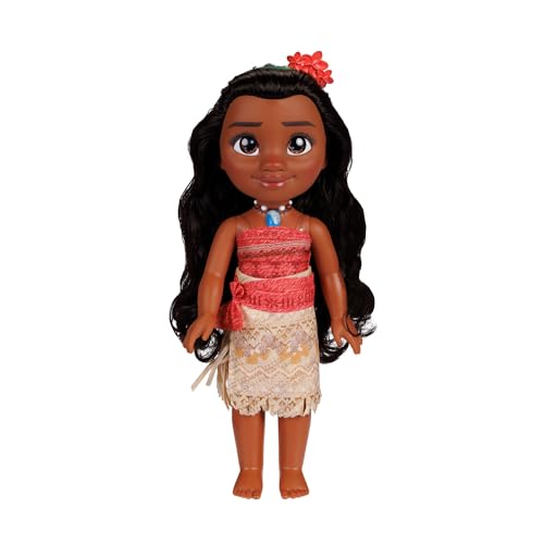 Disney Princess Vaiana Puppe 35cm, reflektierende Glitzeraugen, bewegliche Gelenke, ausziehbares Outfit, Blumenspange, langes Haar, für Mädchen ab 3 Jahren, Braun von Disney Princess