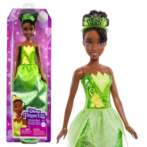 Mattel DISNEY Prinzessin Tiana - Bewegliche Puppe mit glitzerndem Outfit und Accessoires, inspiriert vom Film Küss den Frosch, für Kinder ab 3 Jahren, HLW04 von Mattel