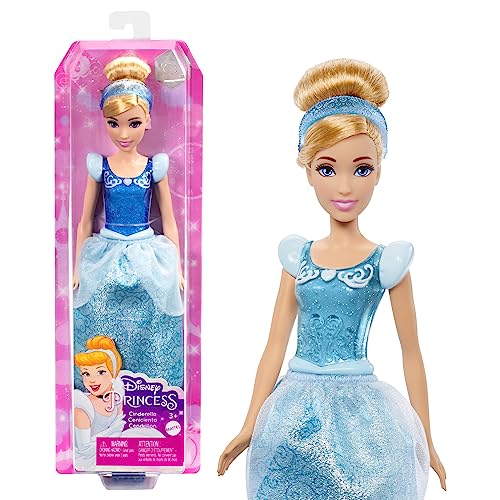 DISNEY Prinzessin Cinderella - Bewegliche Puppe mit glitzerndem Outfit, abnehmbaren Schuhen und Diadem, kämmbares Haar für Frisierspaß, für Kinder ab 3 Jahren, HLW06 von Mattel