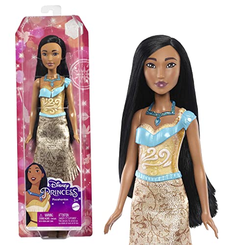 Disney Prinzessin-Spielzeug, bewegliche Pocahontas-Modepuppe mit glitzernder Kleidung und Accessoires, inspiriert vom Disney-Film, Geschenk für Kinder, HLW07 von Mattel