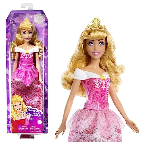DISNEY Prinzessin Aurora - Puppe mit typischem Outfit, abnehmbaren Schuhen und Diadem, glitzerndes Oberteil und abnehmbarer Rock mit Muster, lange Haare zum Frisieren, HLW09 von Mattel