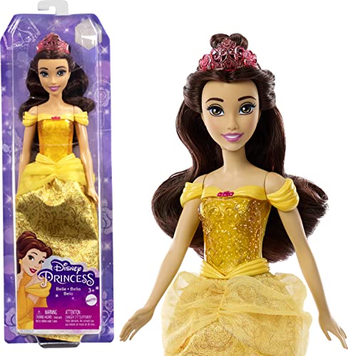 Disney Prinzessin-Spielzeug, bewegliche Belle-Modepuppe mit glitzernder Kleidung und Accessoires, inspiriert vom Disney-Film, Geschenk für Kinder, HLW11 von Mattel