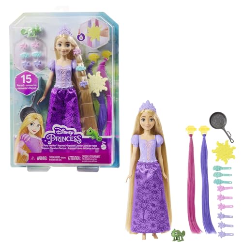 Mattel Disney Prinzessinnen Rapunzel Puppe, mit extra langen Haaren und Farbwechsel Funktion, inkl. Haar Accessoires und Chamäleon Pascal, Disney Geschenke, Spielzeug ab 3 Jahre, HLW18 von Mattel