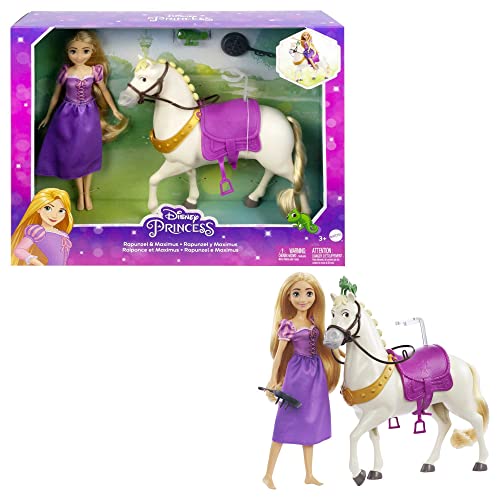 DISNEY PRINZESSIN Rapunzel & Maximus - Puppe und Pferd mit abnehmbarem Sattel und Zügeln, inklusive Pascal-Figur und Bratpfannen-Bürste für Frisuren-Spaß, HLW23 von Mattel