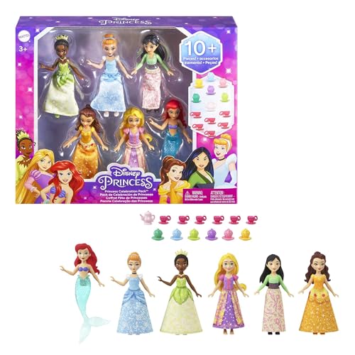 Mattel Disney Prinzessinnen Set, inkl. 6 Disney Figuren: Tiana, Cinderella, Mulan, Belle, Rapunzel, Arielle, Disney Geschenke, Spielzeug ab 3 Jahre, HLW91 von Mattel