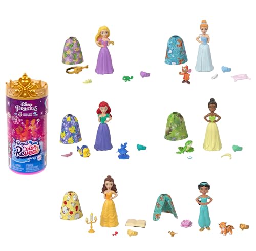 DISNEY PRINZESSIN Color Reveal-Puppen - 6 Überraschungen, Wasseraktiviert, Zubehör, für Kinder ab 3 Jahren, Arielle, Cinderella, Tiana, Belle, Jasmin, Rapunzel, HMB69 von Mattel