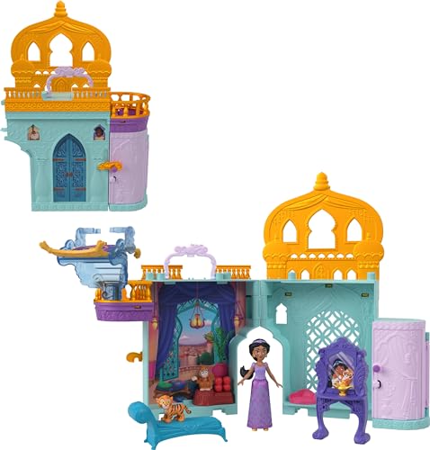 Mattel Disney Prinzessin-Spielzeug, Jasmins Stapelschloss Puppenhaus-Spielset mit kleiner Puppe, 2 Freunden und 7 Teilen, inspiriert vom Disney-Film, Reisespielzeug und Geschenke für Kinder, HLW93 von Mattel